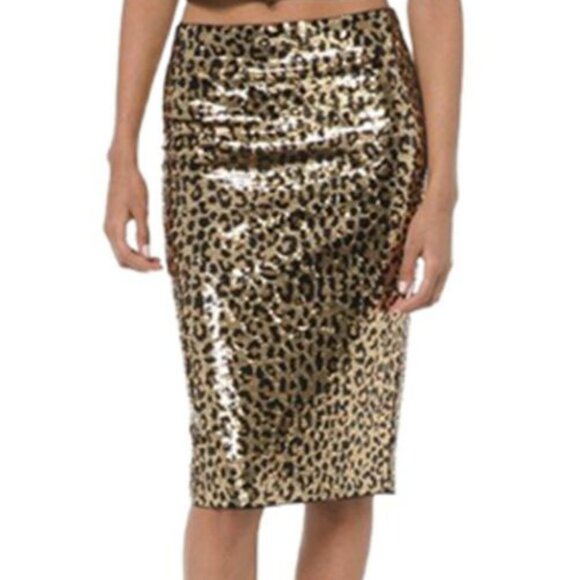 NWT Michael Kors Leopard Sequined Pencil Skirt in Gold - Picture 1 of 1